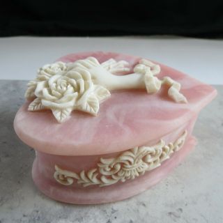 Incolay Stone USA Jewelry Trinket Hinged Heart Box Pink 5x4.  75x2.  Floral 2