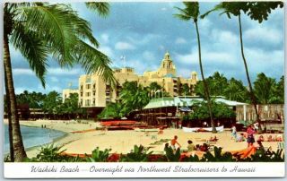 Vintage Northwest Airlines Advertising Postcard Waikiki Beach Scene Hawaii 1960s