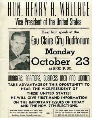 Vtg Paper Poster 1944 Eau Claire Wisconsin Vp Henry H Wallace Visit