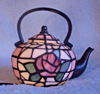 Stained Glass Teapot Accent Lamp Tiffany Style Design Night Light Table Kettle