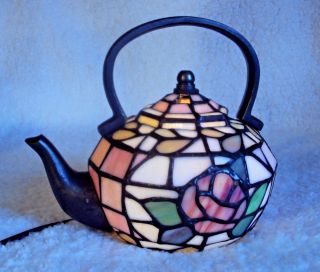 Stained Glass Teapot Accent Lamp Tiffany Style Design Night Light Table Kettle 4