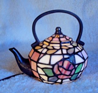 Stained Glass Teapot Accent Lamp Tiffany Style Design Night Light Table Kettle 5