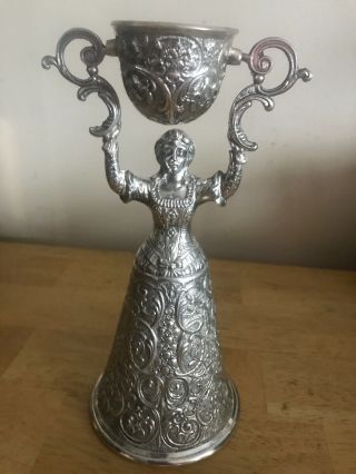 Vintage German Silverplate Wedding Toasting Cup Woman Figural Ornate Swivel Top