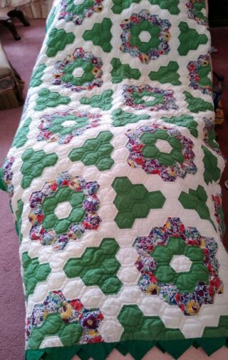Vintage Dresden Flowers Patchwork Quilt Green Floral 84 " By 70 " Summer All Good