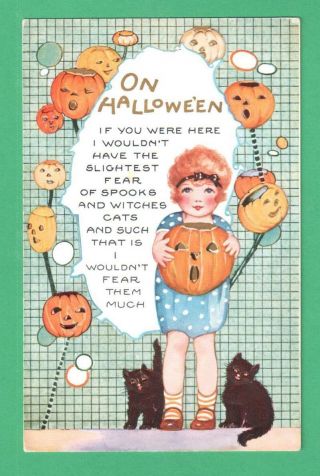 Vintage Whitney Halloween Postcard Girl Black Cats Jols