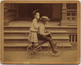 Stunning Early Snapshot Gorgeous Kids In Straw Hats Ride Tricyle Sister Stands