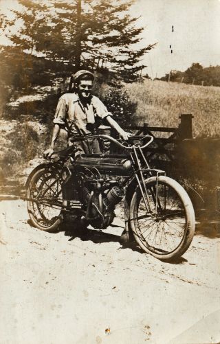 Proctorsville,  Vt Rppc Man Standing Beside His Motorcycle 1914 Beauty