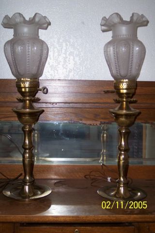 Vintage Antique Stiffel Brass Torch Lamps W/ Frosted Glass Shades - Set Of 2