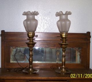 VINTAGE ANTIQUE STIFFEL BRASS TORCH LAMPS W/ FROSTED GLASS SHADES - SET of 2 2