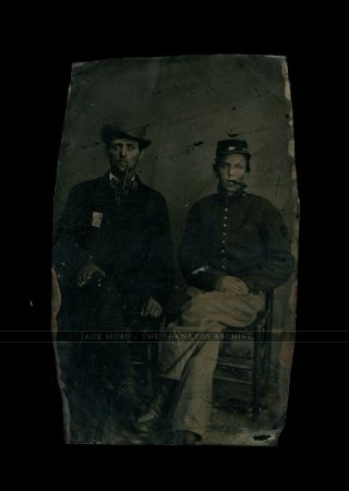Tintype Photo Young Cigar Smoking Civil War Soldier & Civilian Friend or Brother 2