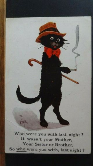 Reg Carter Comic Postcard: Lucky Black Cat & Smoking Humour