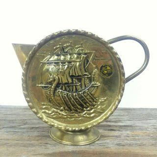Brass Pitcher Round Tabletop Viking Ship Vintage Peerage Nautical Decor England