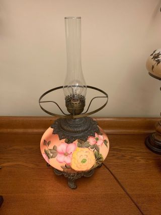 Lg Vintage Gone With The Wind Hurricane Lamp Hand Painted Flowers 3 Way No Shade