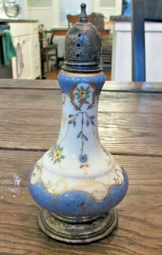 Antique Meissen Porcelain Elegant Floral Salt Shaker W/ Sterling Silver Base & L