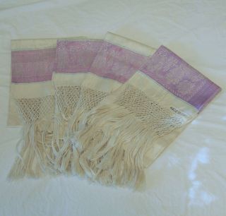 4 Antique Purple Lavender Ivory Damask Linen Fringed Hand Towels Italy 24 X 60 "