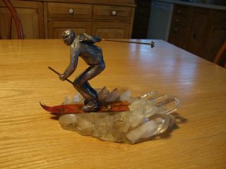 Pewter Sculpture Skier On Natural Clear Quartz Crystal Cluster Downhill Ski Geod