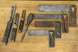 8 Vintage Carpenter Bevels And Try Squares Woodworking Tools Antique Brass Wood