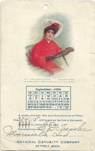 Detroit,  Mi Michigan 1908 Advertising Postcard With Calendar,  Insurance Company