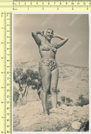 Hairy Armpits Bikini Woman On Beach,  Swimsuit Lady Pose Old Photo
