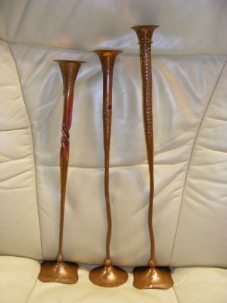 3 Hessel Studios Copper Candle Sticks 19 - 17 1/2 - 16 1/2 " Stamped & Titled Fr