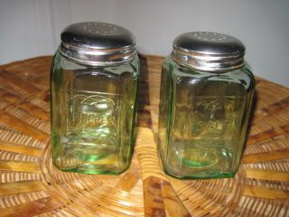 Vintage Hooiser Style Green Glass Opalescent Salt & Pepper Shakers Set