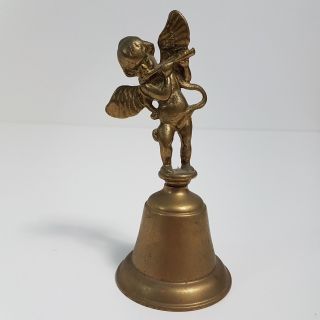 Vintage Hand Held Brass Bell Angel With Flute Cherub