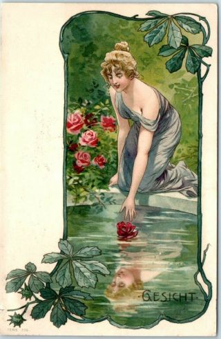 Vintage German Art Nouveau Postcard Pretty Lady / Pond Reflection " Gesicht " 1908
