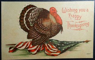 Postcard Wishing You A Happy Thanksgiving Large Turkey Patriotic American Flag