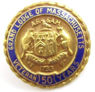 Vintage Vermeil Sterling Grand Lodge Of Massachusetts 50 Year Tie Tack Pin Y364