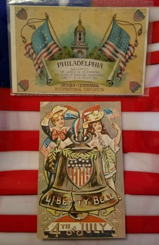 2 Antique Postcard Patriotic Philadelphia Pa Liberty Bell Flag Centennial Expo