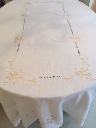 Vtg Cutwork Embroidered White Tablecloth 88 ½ " X 58 ½ " Gold Thread