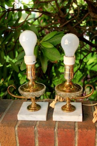 2 Two True Vintage Marble Base Desk Lamps Brass Handle Boudoir Lamps