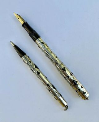 Antique Waterman’s Ideal 452 Sterling Silver Filigree Fountain Pen & Pencil Set