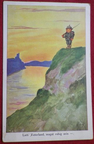 German Ww1 Era Postcard Cartoon Soldier On Watch Lookout