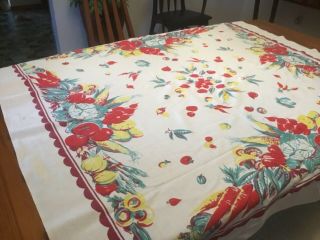 Vintage Cotton Tablecloth,  Bold,  Colorful Summer Vegetables.  W Issues 46 X 51.  5