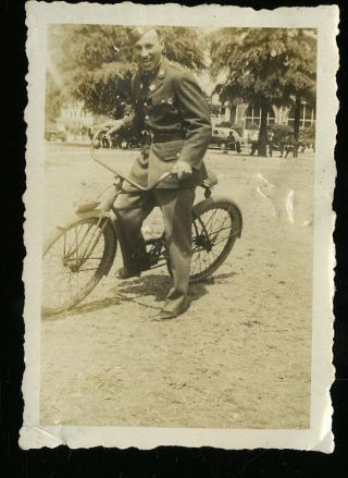 Vintage Photo Us Army Soldier Riding Bicycle In Uniform Wwii Era