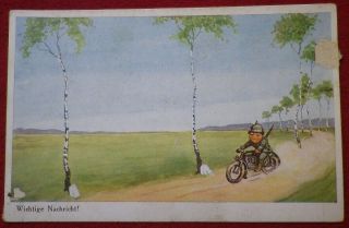 German Ww1 Era Postcard Cartoon Soldier Motorcycle Messenger
