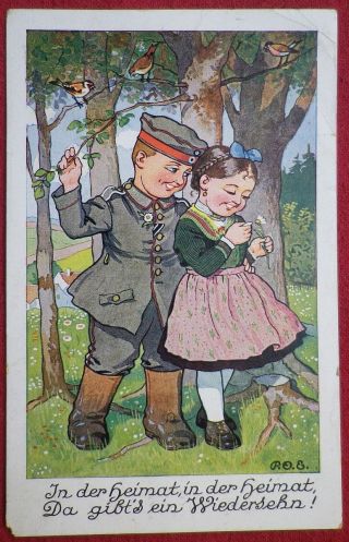 German Ww1 Era 1917 Postcard Cartoon Soldier With Sweetheart Girlfriend