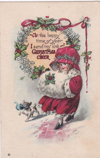 Christmas,  00 - 10s; Cheer,  Girl Wearing Huge Bonnet & Hand Muff,  Happy Dog,  Holly