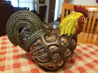 Cast Iron And Glass Rooster Garden Candle Holder