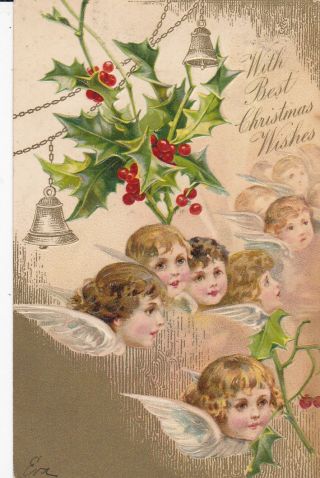 Christmas; With Best Wishes,  Angel Faces,  Bells,  Holly,  Gold Detail,  Pu - 1907
