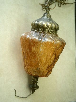 Vintage Mid Century Orange Glass Globe Hollywood Regency Hanging Swag Light Lamp