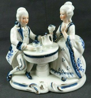 Vintage Porcelain Ceramic Figurine Man & Woman Tea Time Scene White & Blue