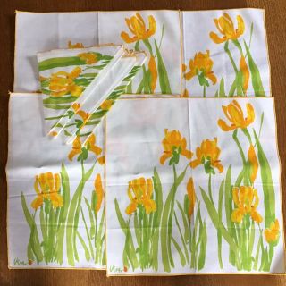 Set Of 8 Vintage Vera Neumann Cloth Napkins - Yellow Irises Watercolor Design