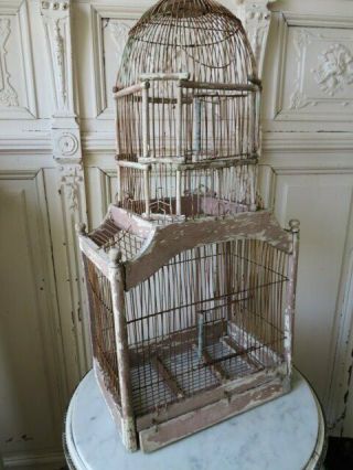 Omg Old Vintage Large Wood Metal Wire Chippy Pink Birdcage Dome Top 29 " Tall