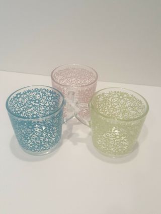 3 Ikea Retro Green Flowers & Daisies,  Clear Glasses 8 Oz Mug 18314,  France.