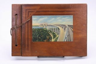 Huey P Long Bridge Orleans Postcard Wooden Photo Album Vtg Antique Scrapbook