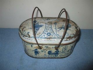 Old Vintage Oval Tin Lunch Box Blue/white W/girls Playing 2 Metal Handles Vents