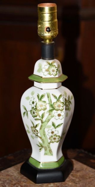 Asian Ginger Jar Table Lamp Green Gold Cherry Blossom Hand Painted 12.  5 " H