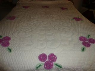 Vintage Chenille Bedspread White With Purple Flowers Cutter